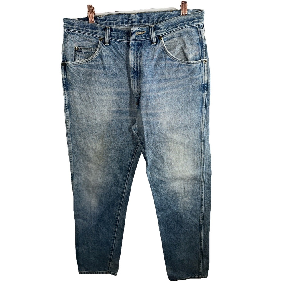 VTG Wrangler Jeans Mens 34x32 Distressed Blue USA Made 96501DS Regular Fit 80s
